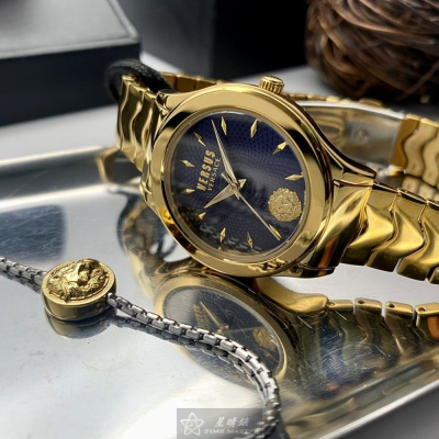 VERSUS VERSACE:手錶,型號:VV00331,女錶34mm金色錶殼寶藍色幾何立體圖形錶面精鋼錶帶款