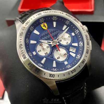FERRARI:手錶,型號:FE00058,男錶44mm銀錶殼寶藍色錶面真皮皮革錶帶款