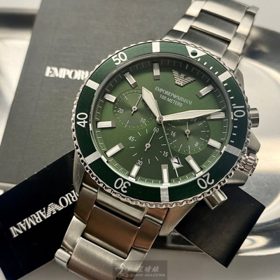 ARMANI:手錶,型號:AR00021,男錶44mm銀錶殼墨綠色錶面精鋼錶帶款