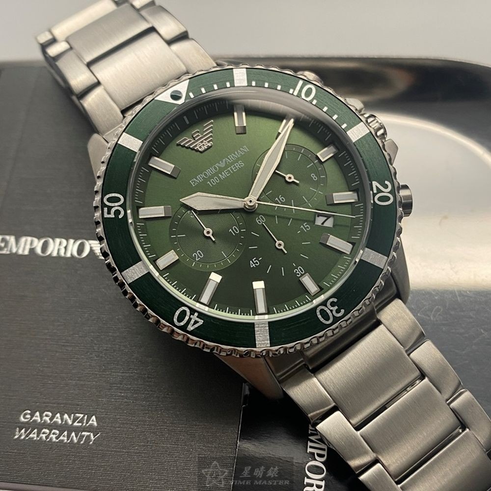 ARMANI:手錶,型號:AR00021,男錶44mm銀錶殼墨綠色錶面精鋼錶帶款-細節圖2