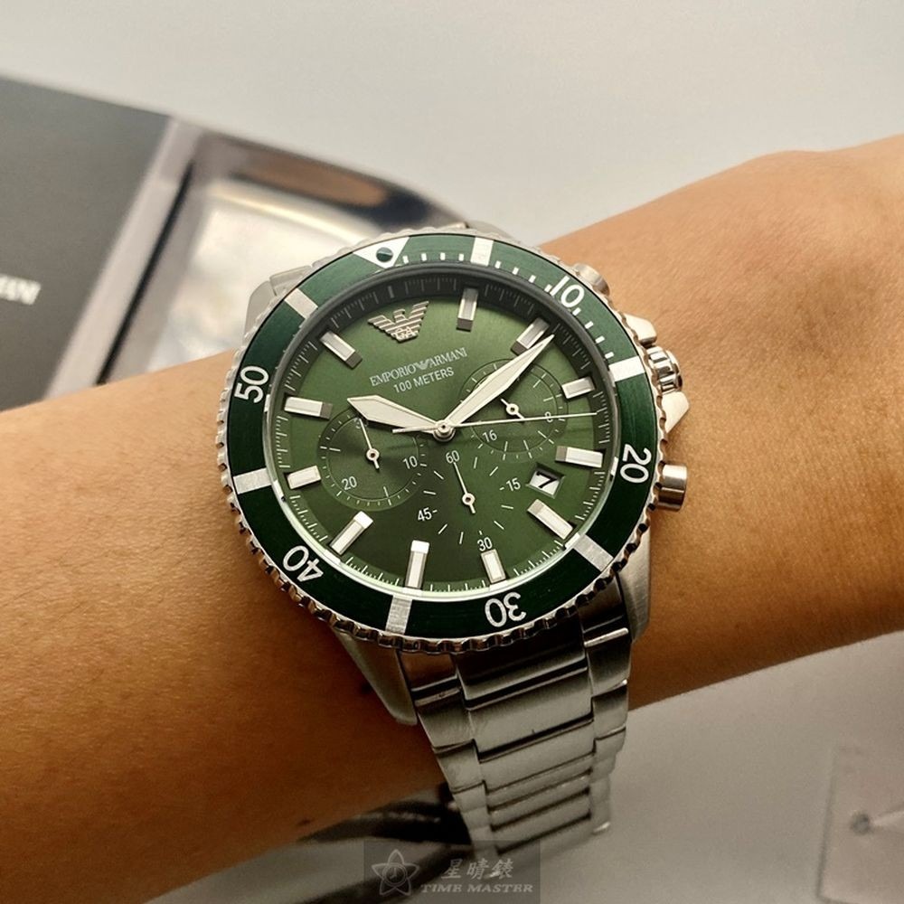 ARMANI:手錶,型號:AR00021,男錶44mm銀錶殼墨綠色錶面精鋼錶帶款-細節圖3