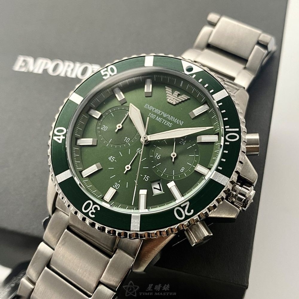 ARMANI:手錶,型號:AR00021,男錶44mm銀錶殼墨綠色錶面精鋼錶帶款-細節圖6