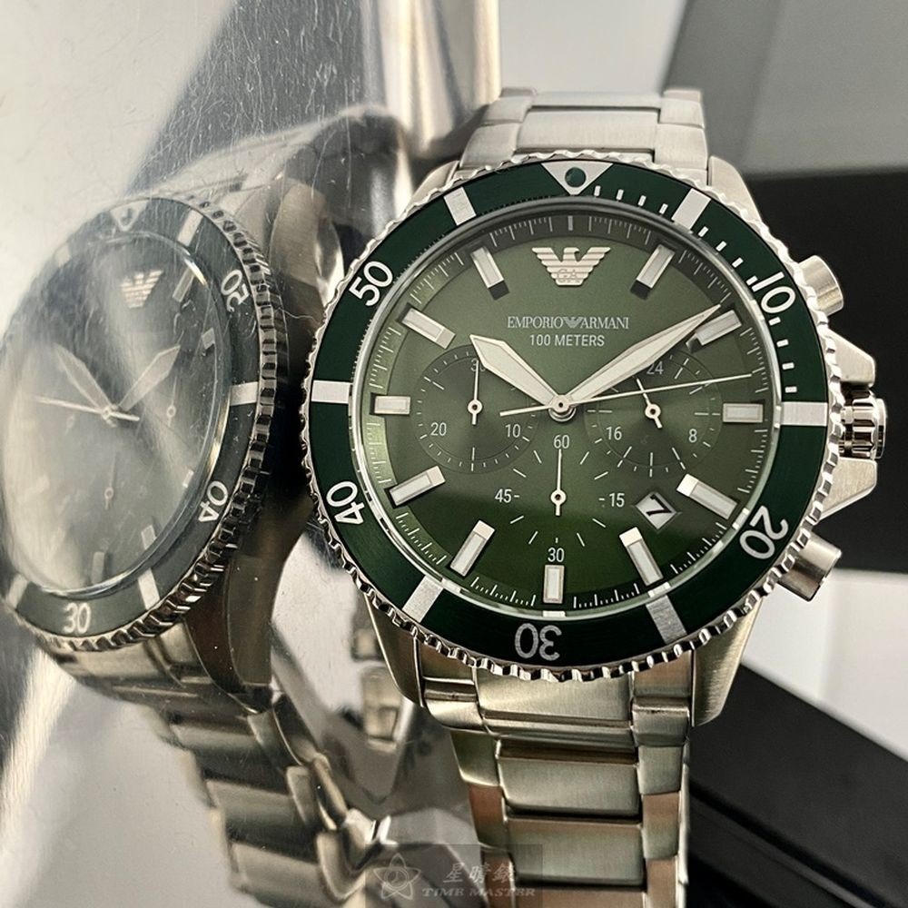 ARMANI:手錶,型號:AR00021,男錶44mm銀錶殼墨綠色錶面精鋼錶帶款-細節圖8