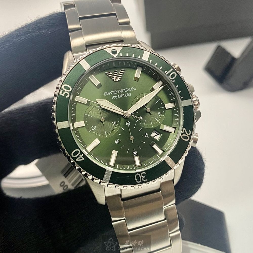 ARMANI:手錶,型號:AR00021,男錶44mm銀錶殼墨綠色錶面精鋼錶帶款-細節圖9