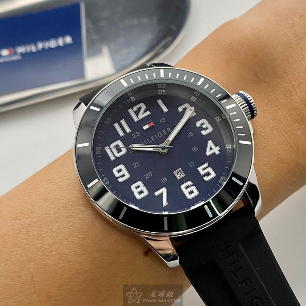 TommyHilfiger:手錶,型號:TH00043,男女通用錶48mm黑銀色錶殼寶藍色錶面矽膠錶帶款-細節圖4