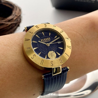 VERSUS VERSACE:手錶,型號:VV00335,女錶34mm金色錶殼寶藍色錶面真皮皮革錶帶款