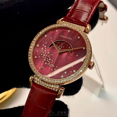 SWAROVSKI:手錶,型號:SW00015,女錶36mm玫瑰金錶殼紅貝母錶面真皮皮革錶帶款