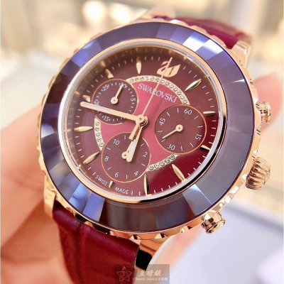 SWAROVSKI:手錶,型號:SW00017,女錶38mm玫瑰金錶殼大紅色錶面真皮皮革錶帶款