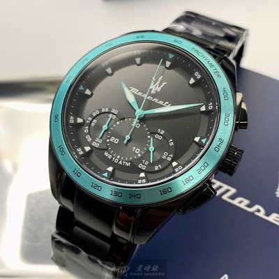 MASERATI:手錶,型號:R8873644002,男錶46mm亮寶藍錶殼黑色錶面精鋼錶帶款