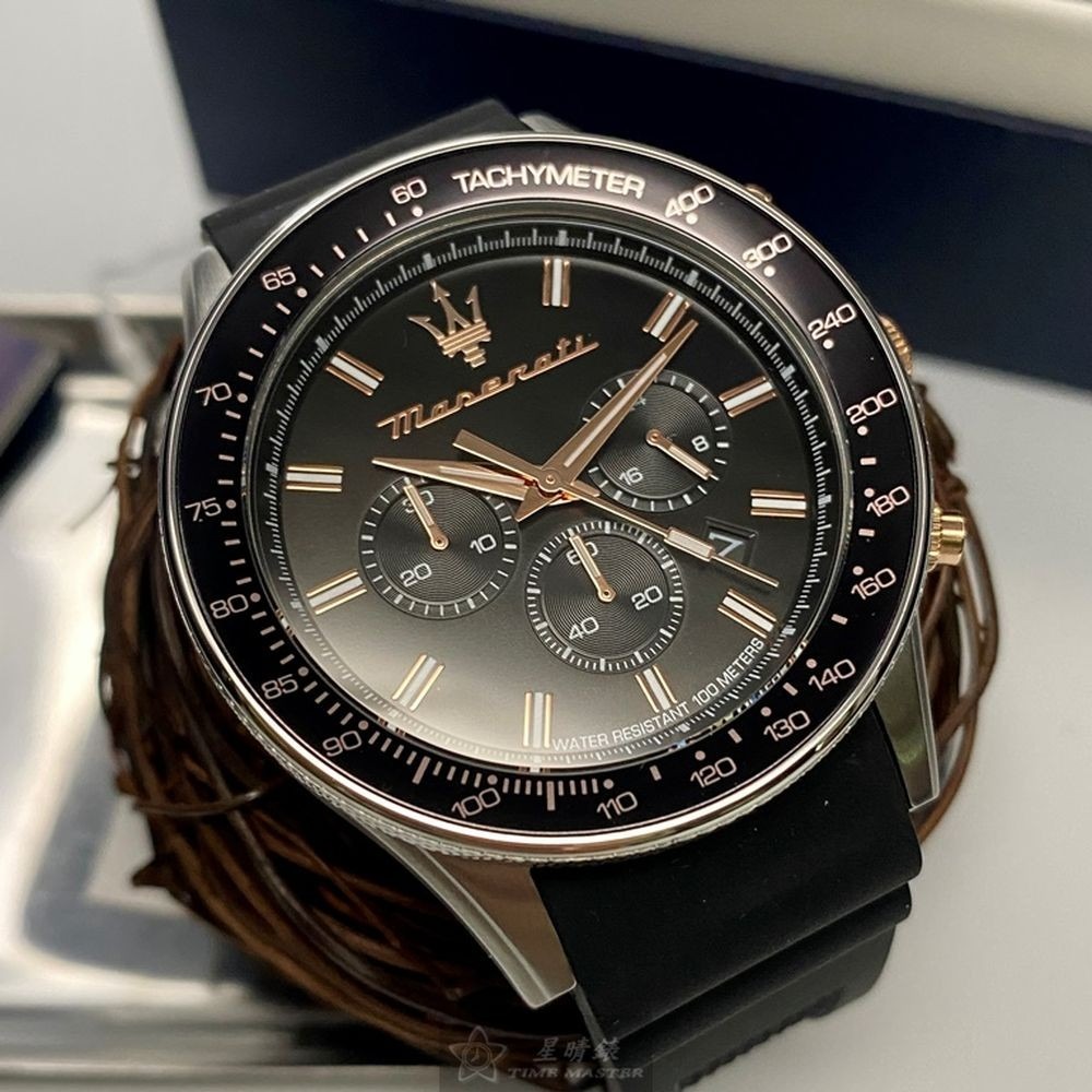MASERATI:手錶,型號:R8871640002,男女通用錶44mm銀黑色錶殼黑色錶面矽膠錶帶款-細節圖2