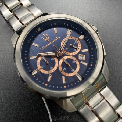 MASERATI:手錶,型號:R8873621008,男女通用錶44mm銀錶殼寶藍色錶面精鋼錶帶款
