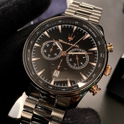 MASERATI:手錶,型號:R8873646001,男錶46mm黑錶殼黑色錶面精鋼錶帶款
