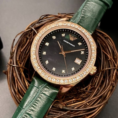 ARMANI:手錶,型號:AR00027,女錶36mm玫瑰金錶殼墨綠色錶面真皮皮革錶帶款