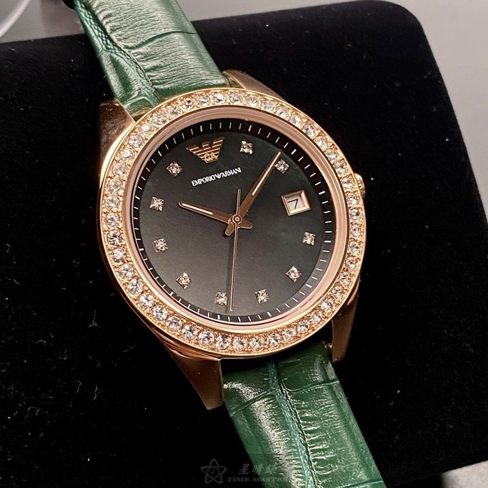ARMANI:手錶,型號:AR00027,女錶36mm玫瑰金錶殼墨綠色錶面真皮皮革錶帶款-細節圖2