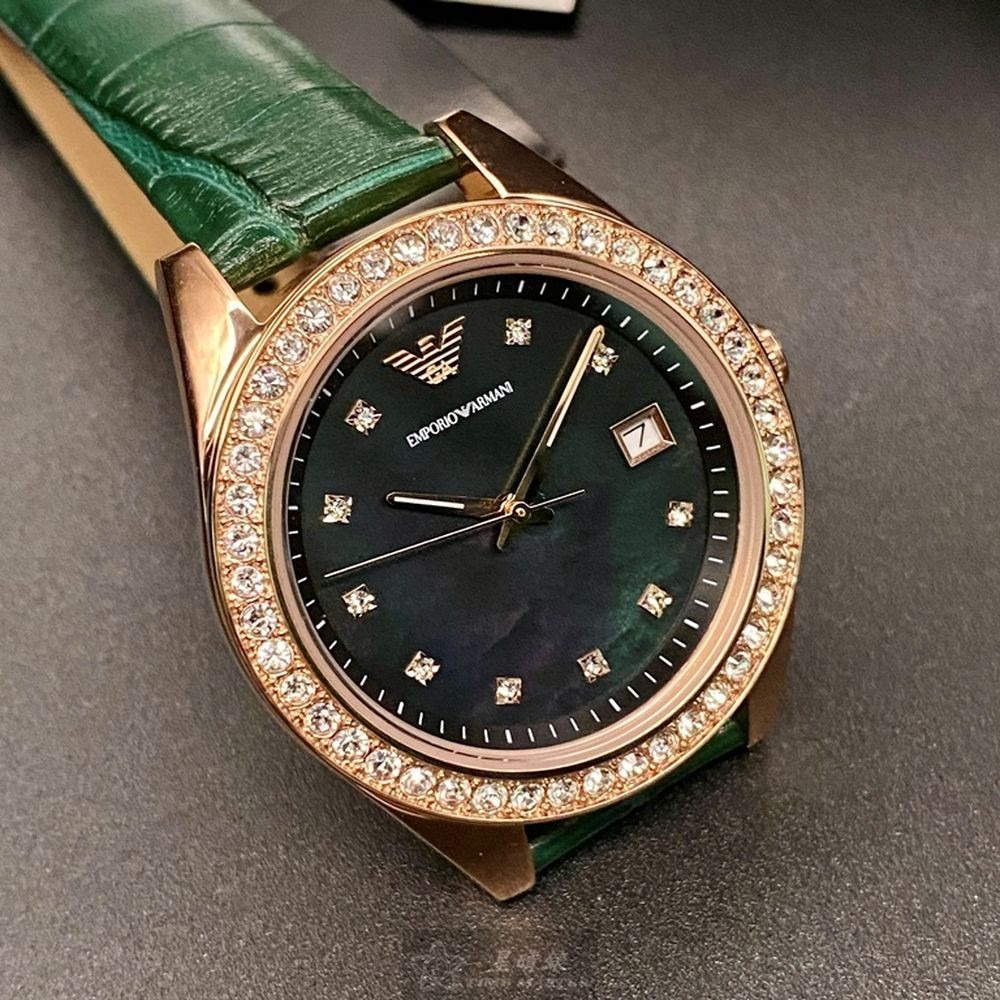 ARMANI:手錶,型號:AR00027,女錶36mm玫瑰金錶殼墨綠色錶面真皮皮革錶帶款-細節圖3
