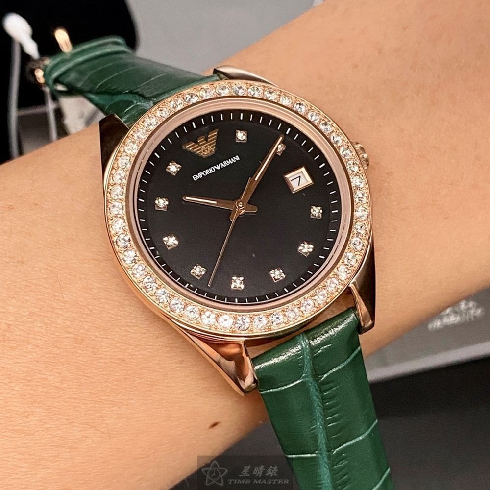 ARMANI:手錶,型號:AR00027,女錶36mm玫瑰金錶殼墨綠色錶面真皮皮革錶帶款-細節圖5