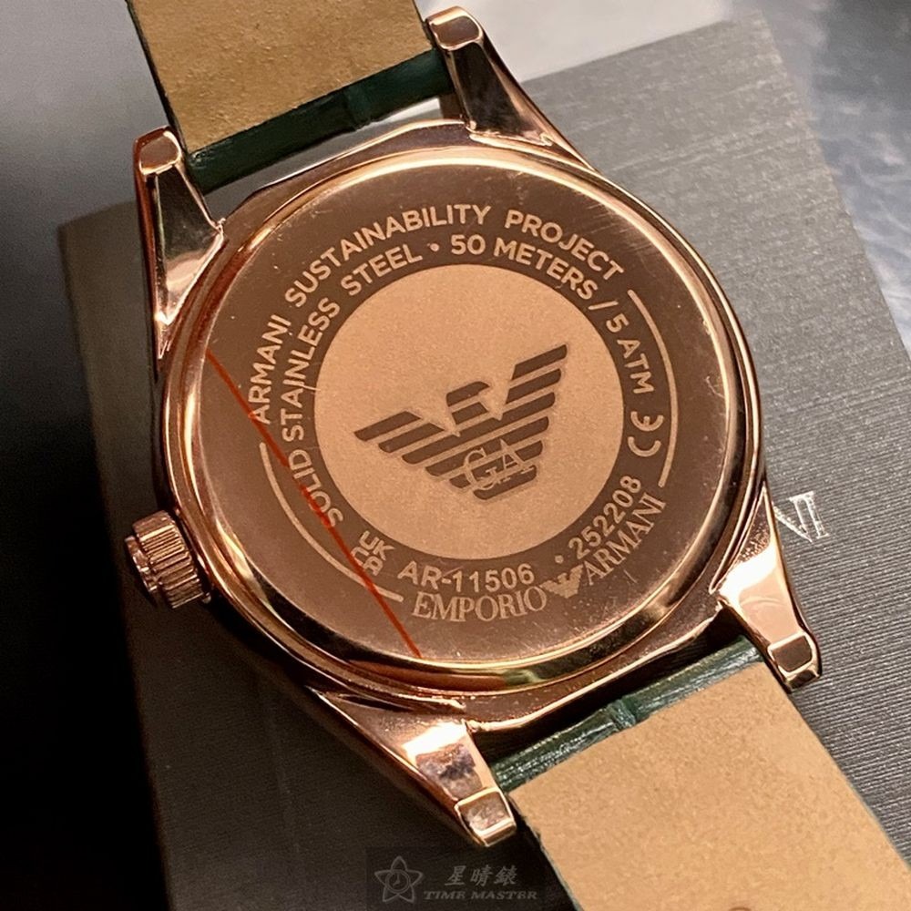 ARMANI:手錶,型號:AR00027,女錶36mm玫瑰金錶殼墨綠色錶面真皮皮革錶帶款-細節圖6