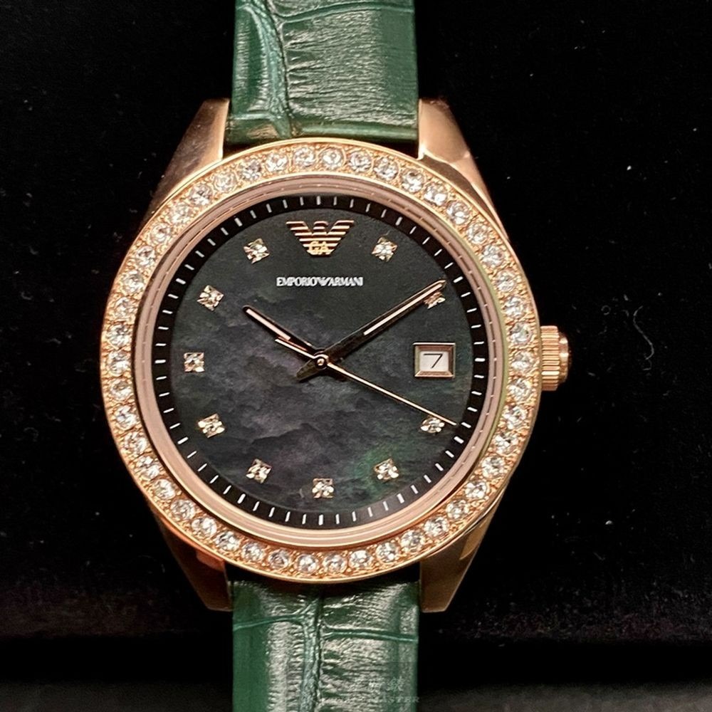 ARMANI:手錶,型號:AR00027,女錶36mm玫瑰金錶殼墨綠色錶面真皮皮革錶帶款-細節圖9