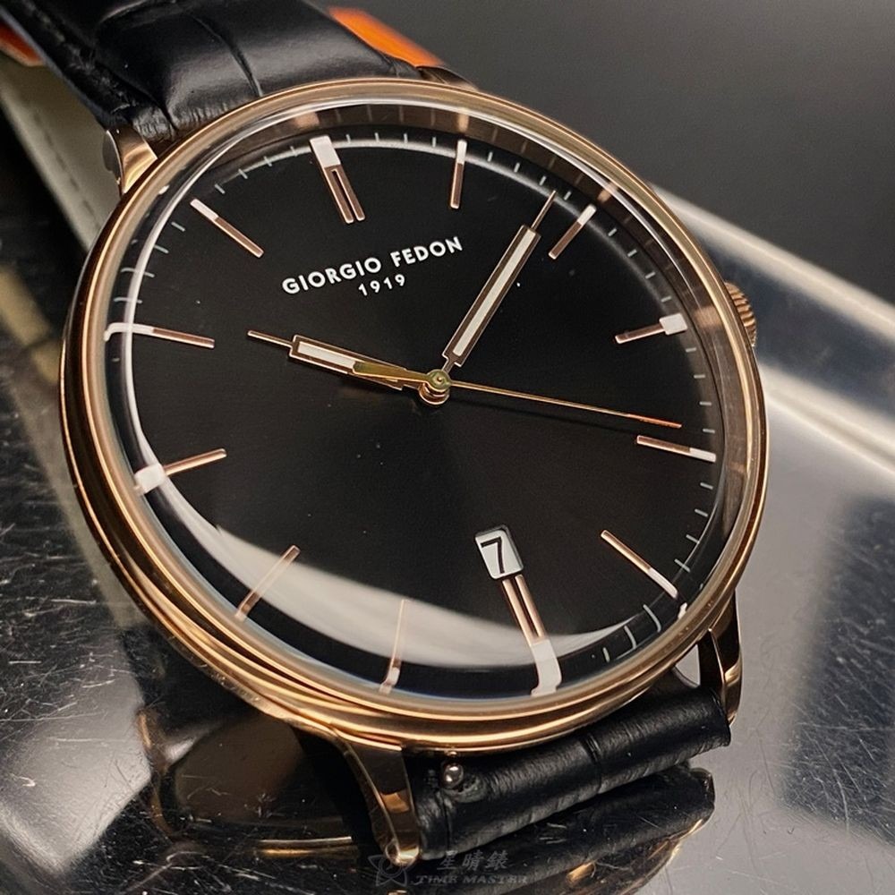 GiorgioFedon1919:手錶,型號:GF00107,男女通用錶42mm玫瑰金錶殼黑色錶面真皮皮革錶帶款-細節圖3
