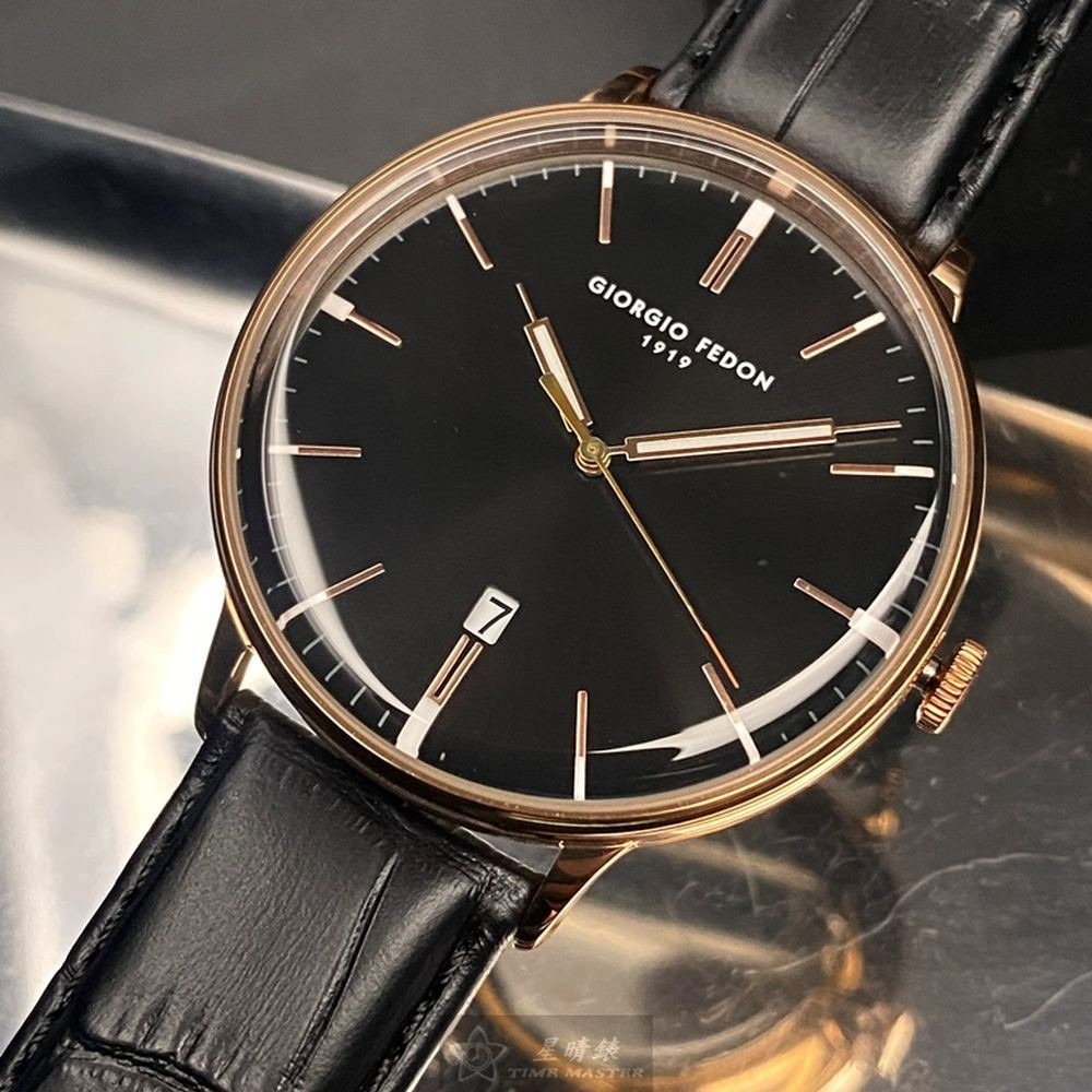 GiorgioFedon1919:手錶,型號:GF00107,男女通用錶42mm玫瑰金錶殼黑色錶面真皮皮革錶帶款-細節圖4
