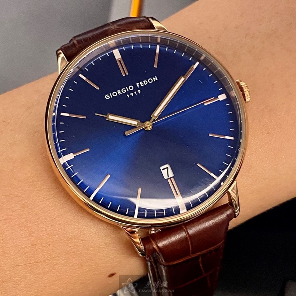 GiorgioFedon1919:手錶,型號:GF00108,男女通用錶42mm玫瑰金錶殼寶藍色錶面真皮皮革錶帶款-細節圖6