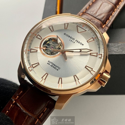 GiorgioFedon1919:手錶,型號:GF00118,男錶46mm玫瑰金錶殼銀白色錶面真皮皮革錶帶款