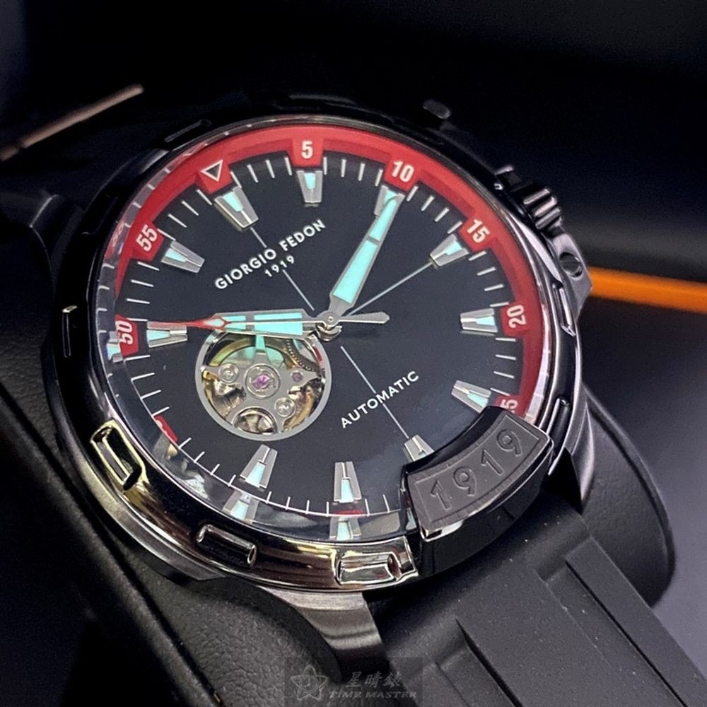 GiorgioFedon1919:手錶,型號:GF00123,男錶46mm黑錶殼黑色雙面機械鏤空錶面矽膠錶帶款-細節圖3