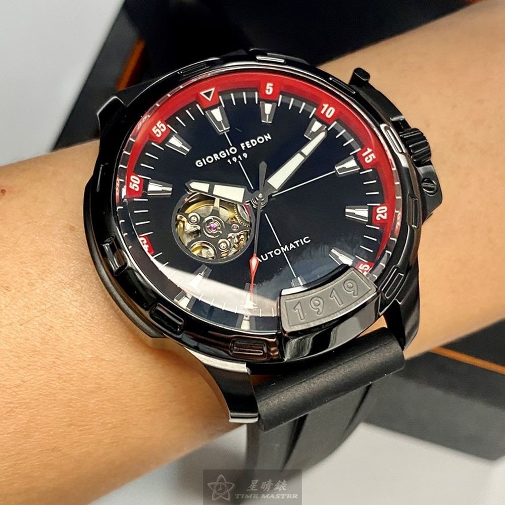 GiorgioFedon1919:手錶,型號:GF00123,男錶46mm黑錶殼黑色雙面機械鏤空錶面矽膠錶帶款-細節圖5