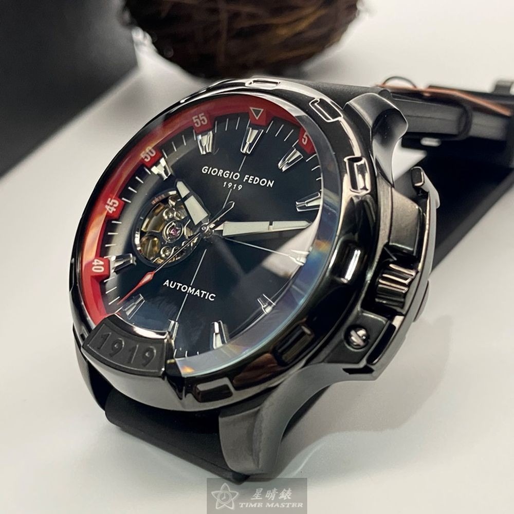 GiorgioFedon1919:手錶,型號:GF00123,男錶46mm黑錶殼黑色雙面機械鏤空錶面矽膠錶帶款-細節圖6