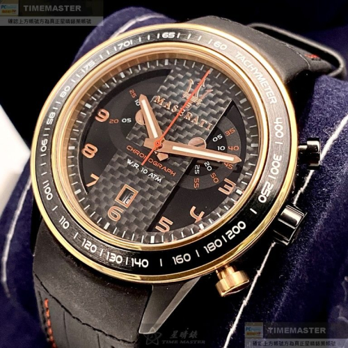 MASERATI:手錶,型號:R8873610003,男錶46mm玫瑰金錶殼黑色錶面真皮皮革錶帶款