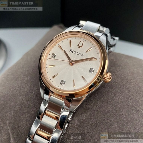 BULOVA:手錶,型號:BU00002,女錶28mm玫瑰金錶殼白色錶面精鋼錶帶款
