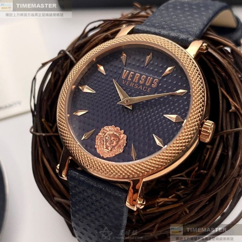 VERSUS VERSACE:手錶,型號:VV00356,女錶38mm玫瑰金錶殼寶藍色錶面真皮皮革錶帶款