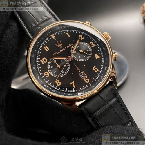 MASERATI:手錶,型號:R8871646001,男錶46mm玫瑰金錶殼黑色錶面真皮皮革錶帶款