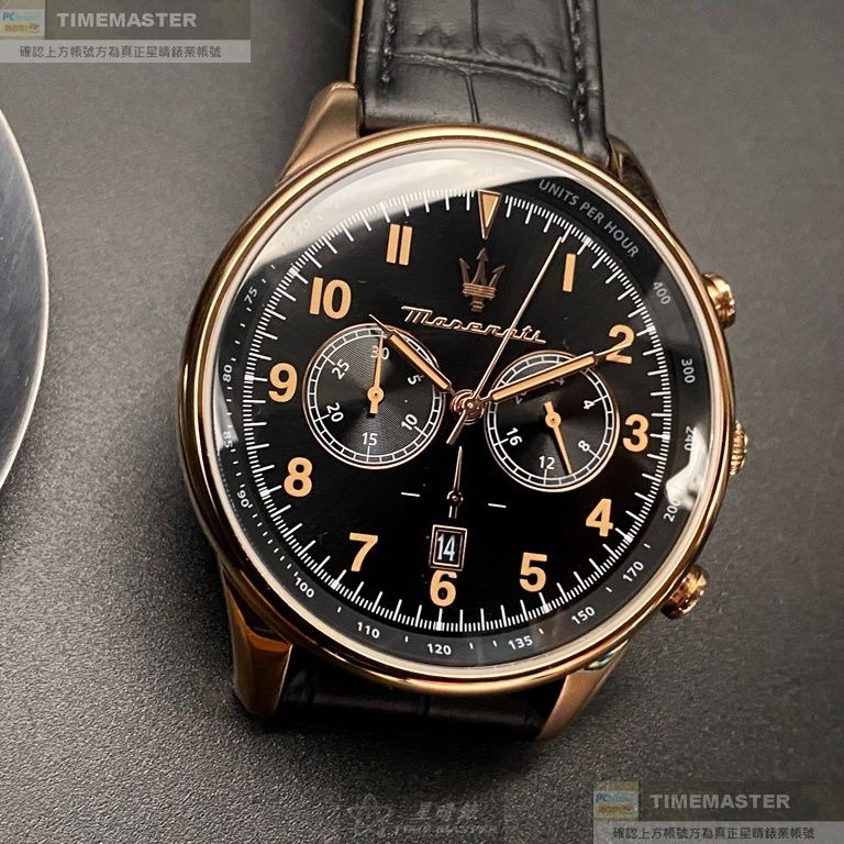 MASERATI:手錶,型號:R8871646001,男錶46mm玫瑰金錶殼黑色錶面真皮皮革錶帶款-細節圖3