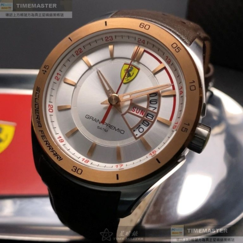 FERRARI:手錶,型號:FE00066,男錶46mm玫瑰金錶殼白色錶面真皮皮革錶帶款