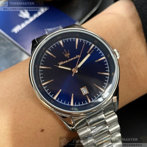 MASERATI:手錶,型號:R8853146002,男女通用錶46mm銀錶殼寶藍色錶面精鋼錶帶款