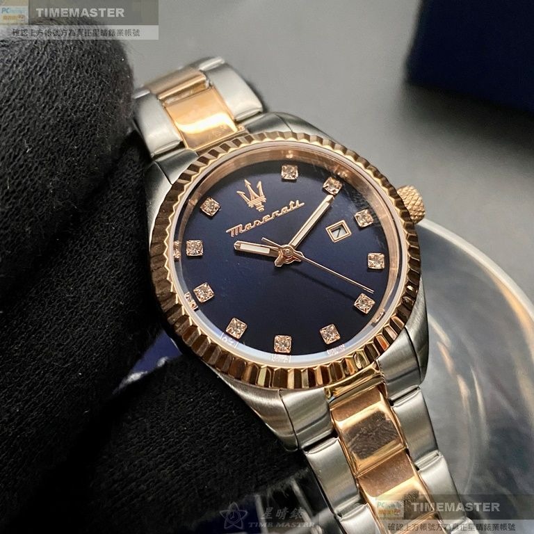 MASERATI:手錶,型號:R8853100507,女錶32mm玫瑰金錶殼寶藍色錶面精鋼錶帶款-細節圖3