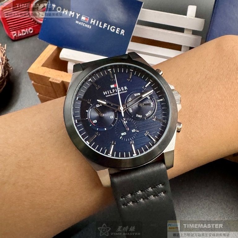 TommyHilfiger:手錶,型號:TH00047,男錶46mm黑銀錶殼寶藍色錶面真皮皮革錶帶款-細節圖5