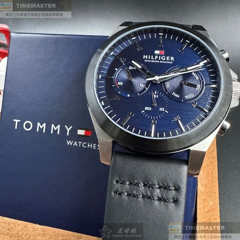 TommyHilfiger:手錶,型號:TH00047,男錶46mm黑銀錶殼寶藍色錶面真皮皮革錶帶款-細節圖9