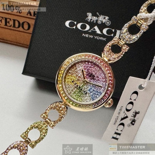 COACH:手錶,型號:CH00186,女錶24mm金色錶殼彩虹滿天星錶面精鋼錶帶款