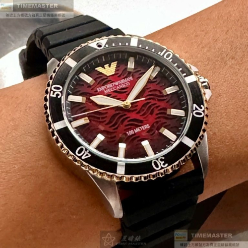 ARMANI:手錶,型號:AR00053,男錶42mm黑金色錶殼機械鏤空錶面矽膠錶帶款