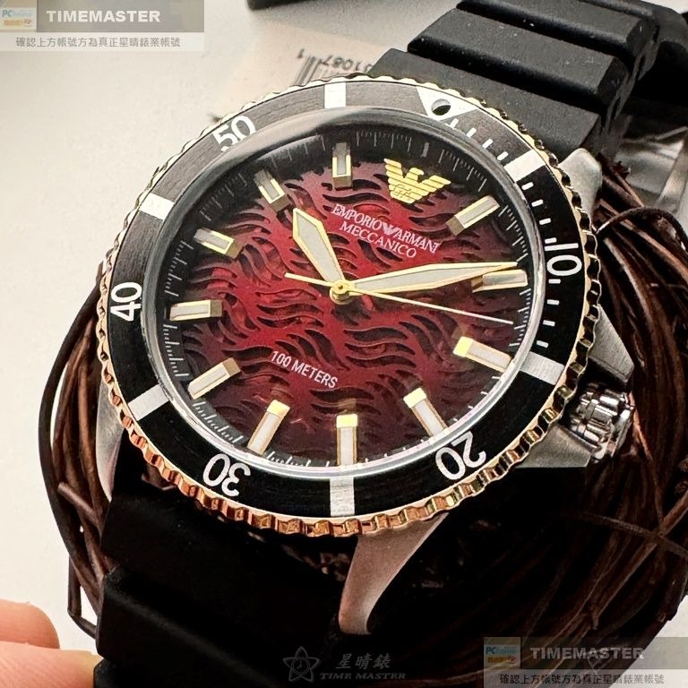 ARMANI:手錶,型號:AR00053,男錶42mm黑金色錶殼機械鏤空錶面矽膠錶帶款-細節圖7