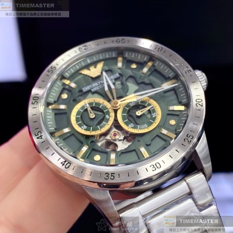ARMANI:手錶,型號:AR00057,男錶44mm銀錶殼墨綠色機械鏤空錶面精鋼錶帶款-細節圖8