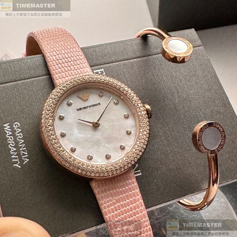 ARMANI:手錶,型號:AR00058,女錶30mm玫瑰金錶殼貝母錶面真皮皮革錶帶款-細節圖3