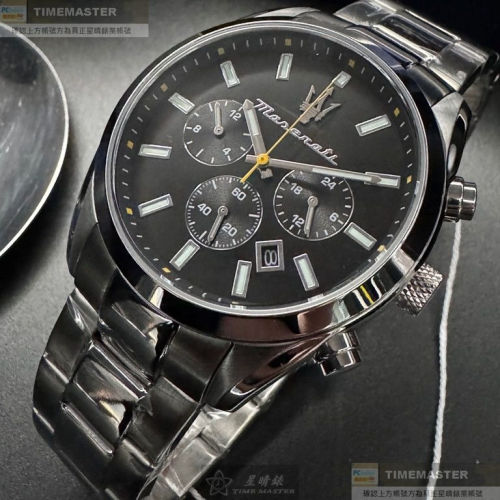 MASERATI:手錶,型號:R8853151010,男錶42mm銀錶殼黑色錶面精鋼錶帶款