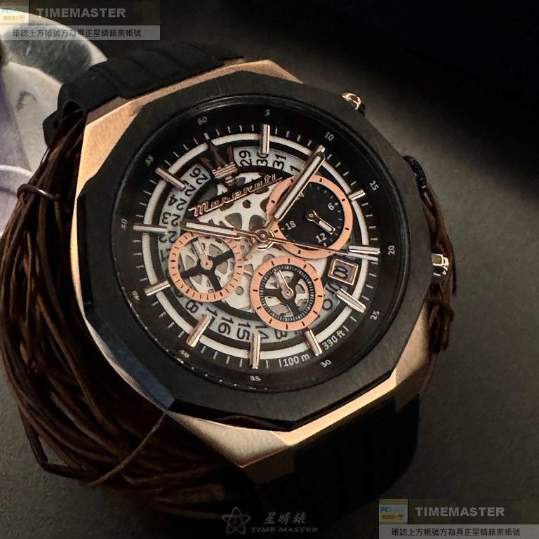 MASERATI:手錶,型號:R8871642003,男錶46mm玫瑰金錶殼機械鏤空錶面矽膠錶帶款-細節圖2