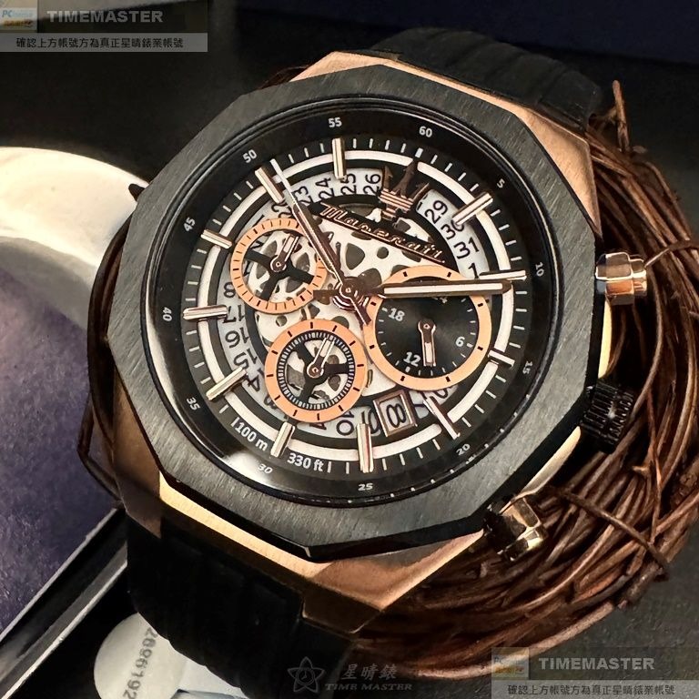 MASERATI:手錶,型號:R8871642003,男錶46mm玫瑰金錶殼機械鏤空錶面矽膠錶帶款-細節圖4