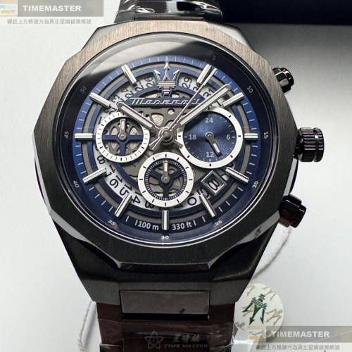 MASERATI:手錶,型號:R8873642012,男錶46mm黑錶殼寶藍機械鏤空錶面精鋼錶帶款