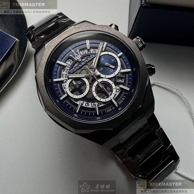 MASERATI:手錶,型號:R8873642012,男錶46mm黑錶殼寶藍機械鏤空錶面精鋼錶帶款-細節圖2