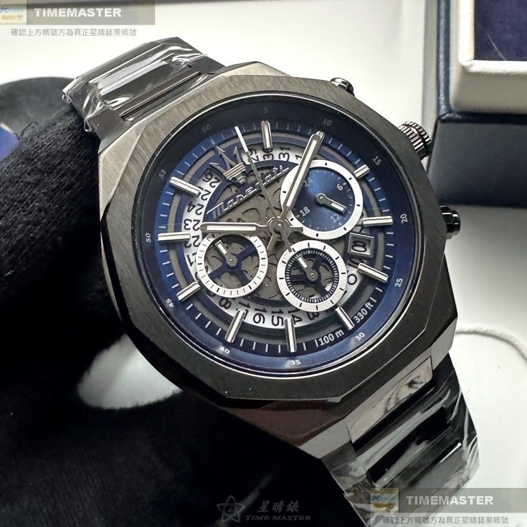 MASERATI:手錶,型號:R8873642012,男錶46mm黑錶殼寶藍機械鏤空錶面精鋼錶帶款-細節圖3